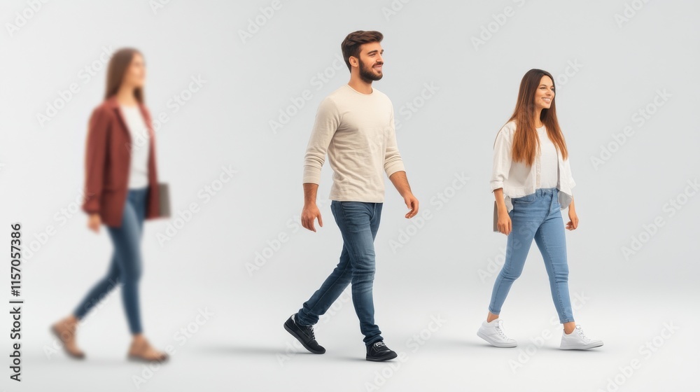 Three individuals walking in a studio setting. Three individuals walking in a studio setting.