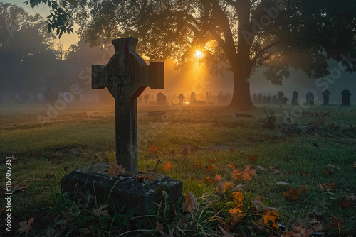 Fantastically mysterious cemetery with tombstones and terribly scary atmosphere, abstract vivid composition consists of fictional unreal fantastic vision on background photo