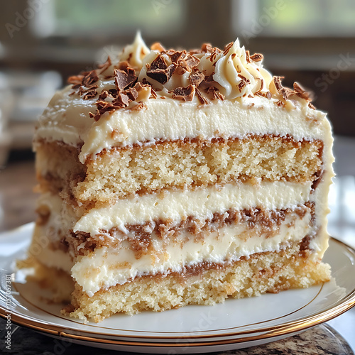 Delicious layered cake with creamy frosting and cho te shavings, perfect for celebrations and gatherings. delightful treat that brings joy to any occasion photo