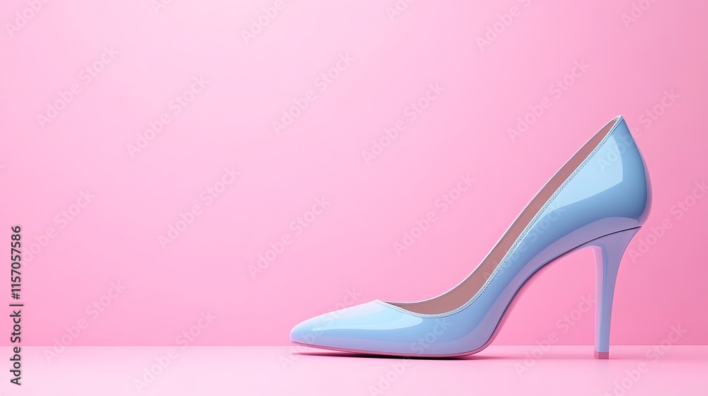 Blue high heels positioned on a pastel pink background featuring a minimalistic concept 3D rendering Blue high heels positioned on a pastel pink background featuring a minimalistic concept 3D rendering