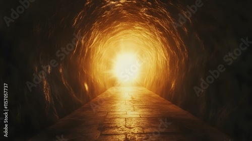 Exploring an enigmatic light at the end of a dark tunnel mythical location cinematic imagery mysterious environment perspective concept photo