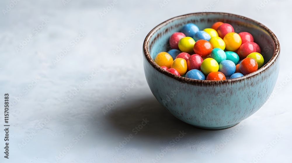 Colorful candy balls in a blue bowl gourmet treats kitchen close-up view sweet indulgence Colorful candy balls in a blue bowl gourmet treats kitchen close-up view sweet indulgence