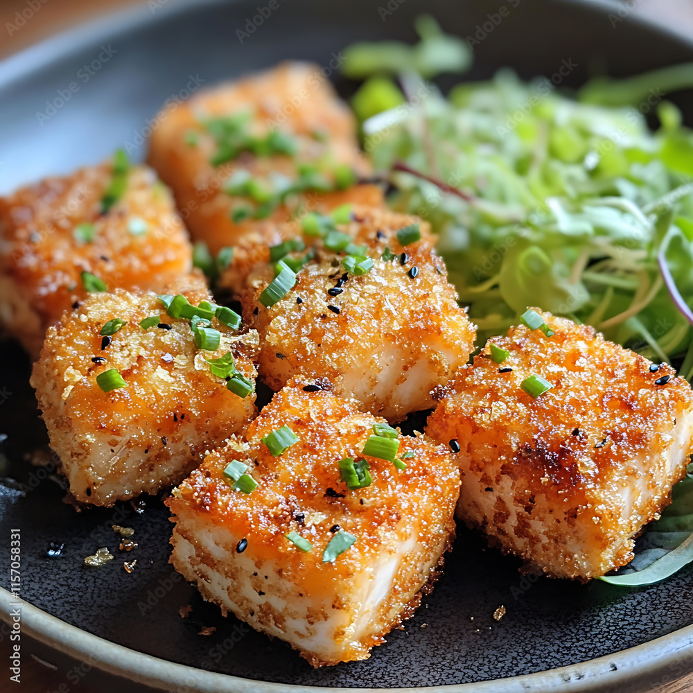 Crispy fried tofu cubes garnished with green onions and served with fresh salad. delicious and healthy dish perfect for any meal Crispy fried tofu cubes garnished with green onions and served with fresh salad. delicious and healthy dish perfect for any meal