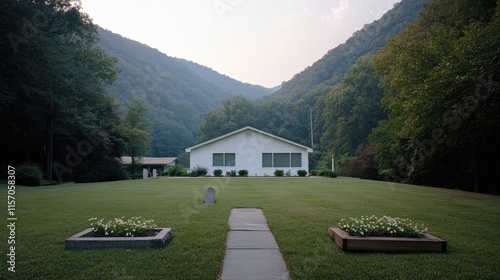 On a foggy morning in West Virginia, an old cemetery stands in front of a small white church amidst the serene mountain backdrop