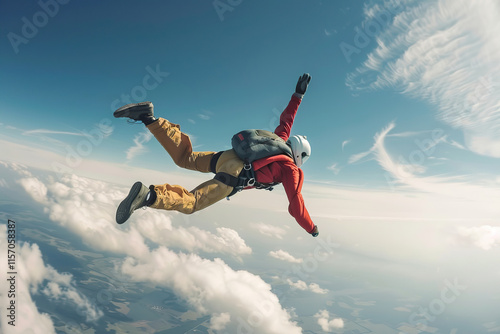 Parachutist with parachute makes heavenly adventure against on nature landscape, abstract vivid composition consists of fictional unreal fantastic vision on background