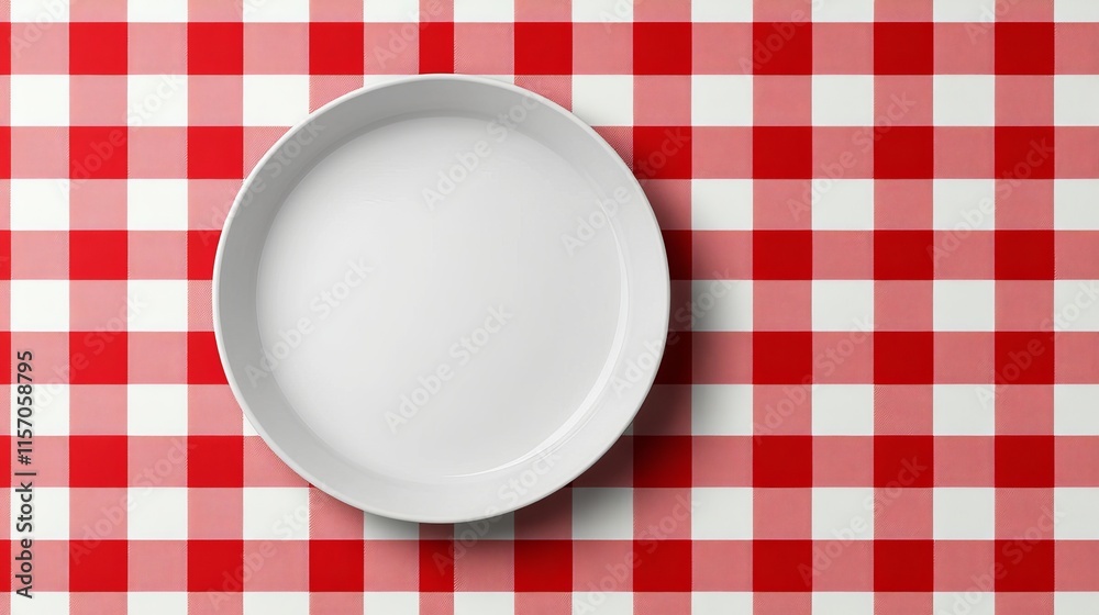 Empty plate placed on a red checkered tablecloth Empty plate placed on a red checkered tablecloth
