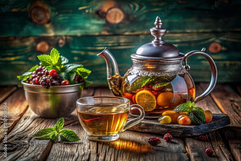 Still Life Photography: Silver Teapot, Mint Tea, Dried Fruit Bowl