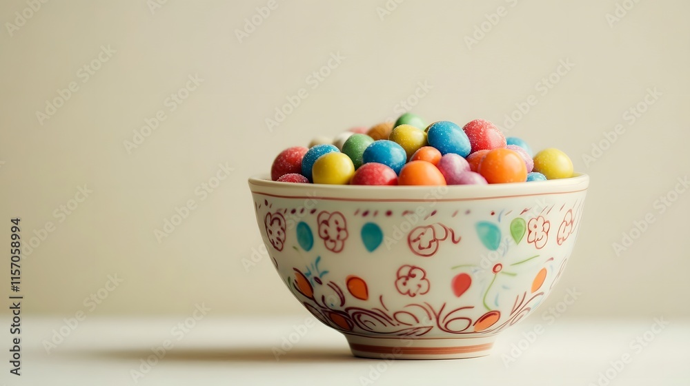 Colorful candy bowl display home kitchen food photography bright environment close-up view sweet concept