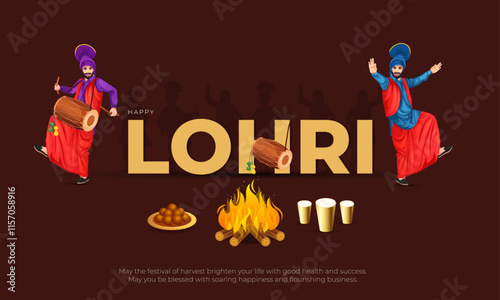 Happy Lohri Banner and Greeting Card. Festival of Punjab Lohri Celebration with Punjabi People doing Bhangra with Dhol and Fire Background Vector Illustration