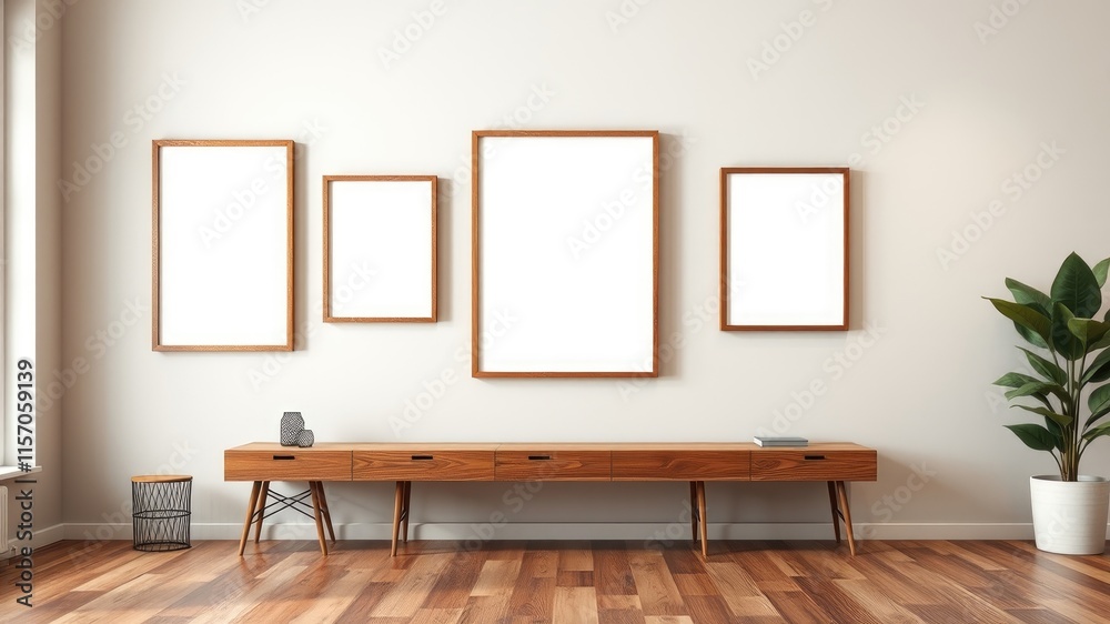 Modern Minimalist Living Room with Empty Picture Frames and Wooden Console Table Modern Minimalist Living Room with Empty Picture Frames and Wooden Console Table