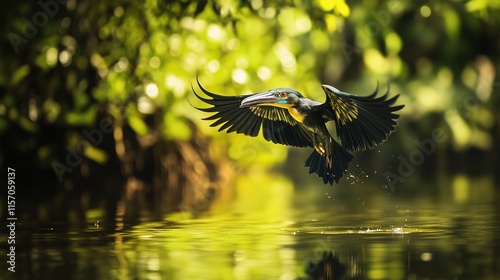 A vibrant kingfisher captured mid-flight over water, surrounded by lush greenery. photo