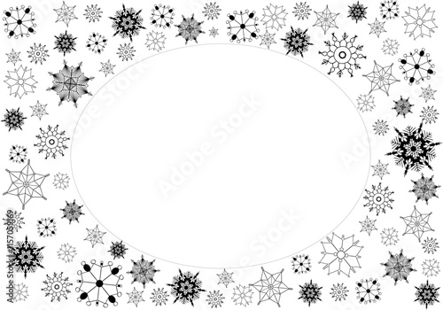 Flying snow on transparent background. Graphic line snowflakes oval frame isolated Circle of powder particles.