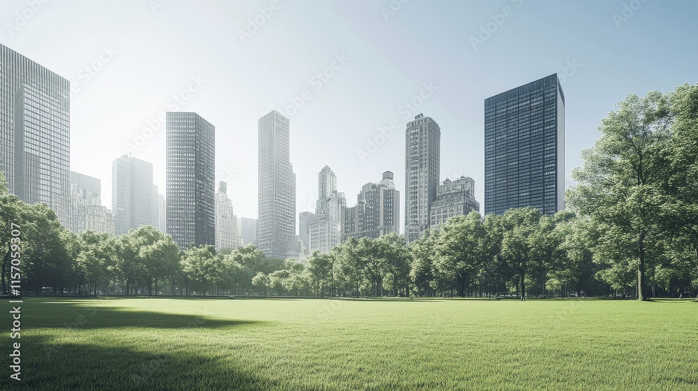 Fototapeta premium Urban landscape with lush greenery and skyscrapers.