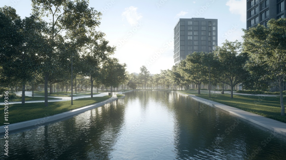 Urban landscape with serene water reflection. Urban landscape with serene water reflection.
