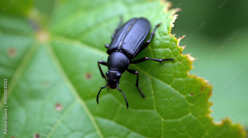 Beetle Perched on a Leaf with Feeding Signs Beetle Perched on a Leaf with Feeding Signs