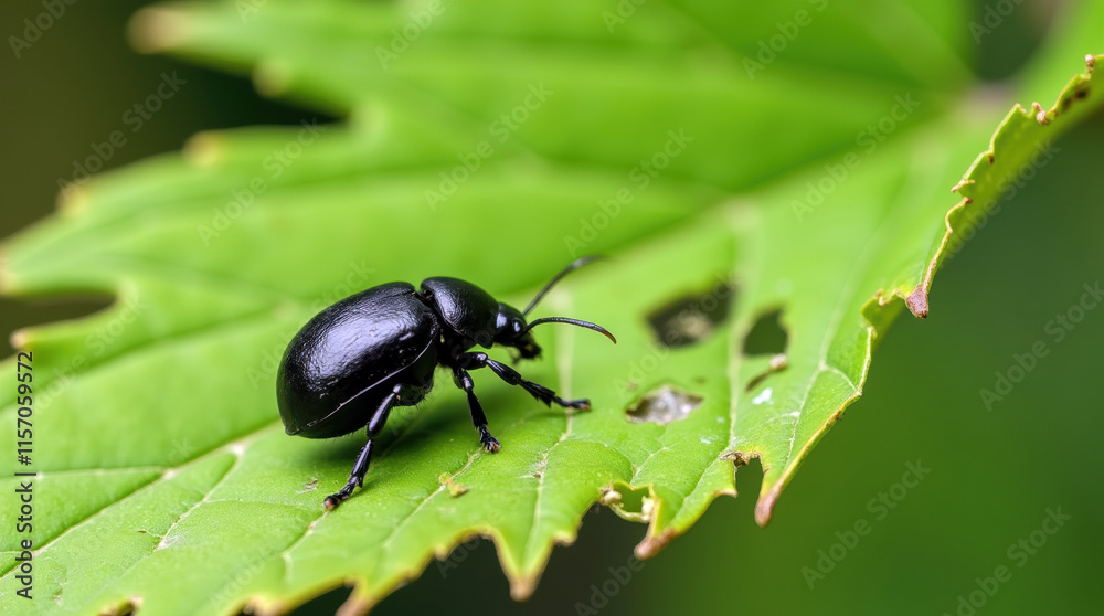 Beetle Causing Visible Damage to a Green Leaf Beetle Causing Visible Damage to a Green Leaf
