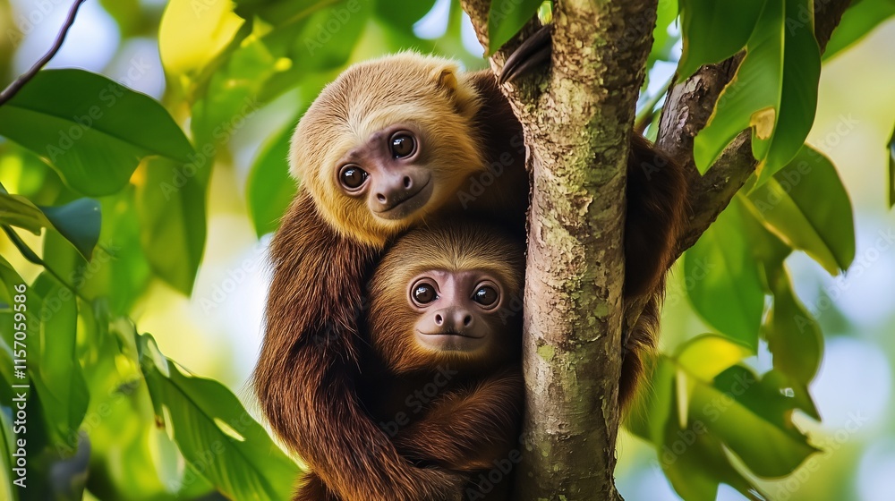 Two sloths hugging on a tree branch, surrounded by lush green leaves. Two sloths hugging on a tree branch, surrounded by lush green leaves.