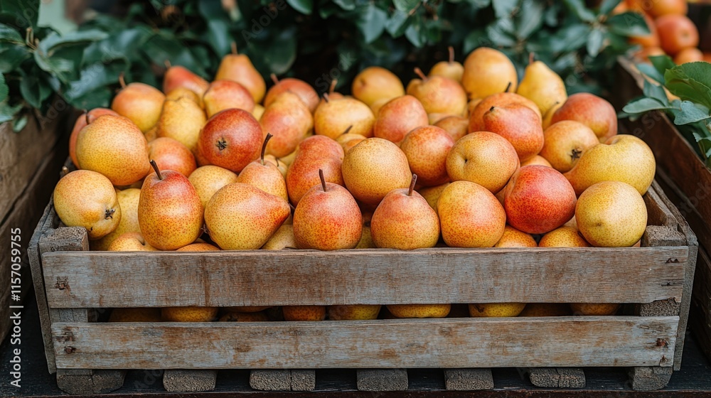 Fresh ripe pears in a rustic wooden crate. Fresh ripe pears in a rustic wooden crate.