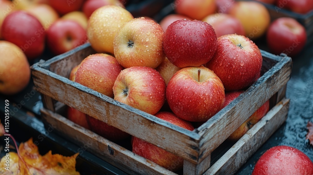 Fresh red and yellow apples in a rustic wooden crate. Fresh red and yellow apples in a rustic wooden crate.