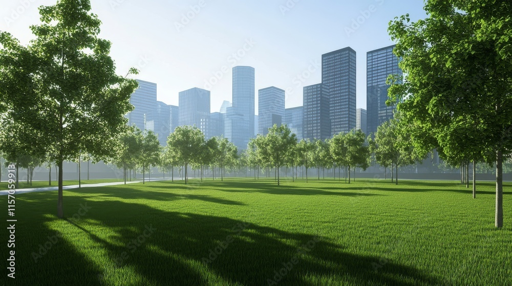 Urban park with trees and skyscrapers in background Urban park with trees and skyscrapers in background