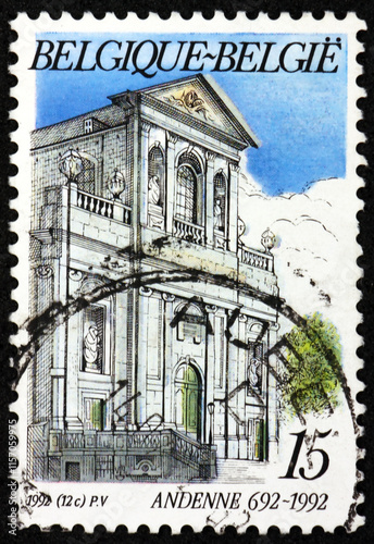 Obraz na płótnie Postage stamp Belgium 1992 building facade, village of Andenne w salonie