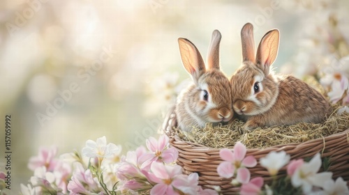 Two cute rabbits are cuddling in a wicker basket surrounded by colorful flowers, creating a heartwarming springtime scene