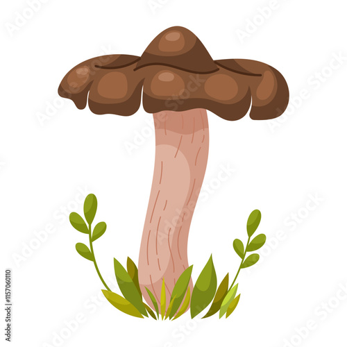 Entoloma clypeatum mushroom. Edible forest mushroom. Forest grass and leaves. Cartoon vector illustration on a white background.