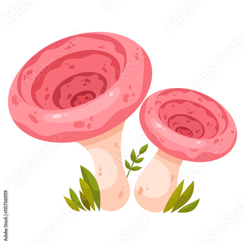 Coral milky cap mushroom. Edible forest mushroom. Forest grass and leaves. Cartoon vector illustration on a white background.