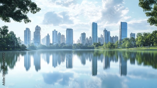 Urban skyline reflecting on a tranquil lake.