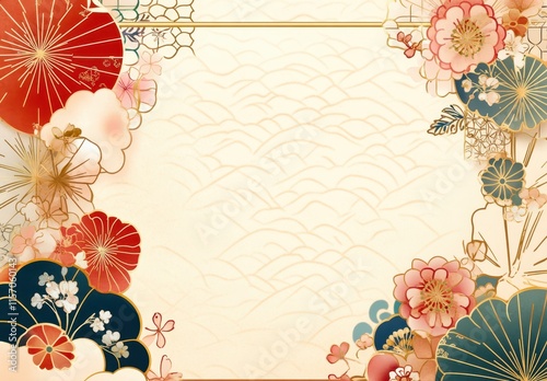 A blank Japanese-style patterned paper background with an orange and gold color scheme, featuring traditional patterns like wavy lines or cloud shapes at the edges of the frame. The center is left emp photo