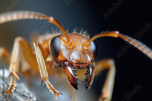 The image beautifully captures an ant, showcasing its intricate features and behavior within its natural habitat, emphasizing the beauty of nature's details. photo