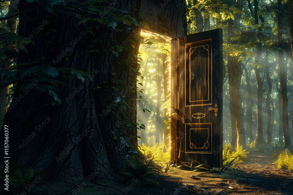 Fantastically beautiful door in wild forest leading to deep unknown, abstract vivid composition consists of fictional unreal fantastic vision on background Fantastically beautiful door in wild forest leading to deep unknown, abstract vivid composition consists of fictional unreal fantastic vision on background