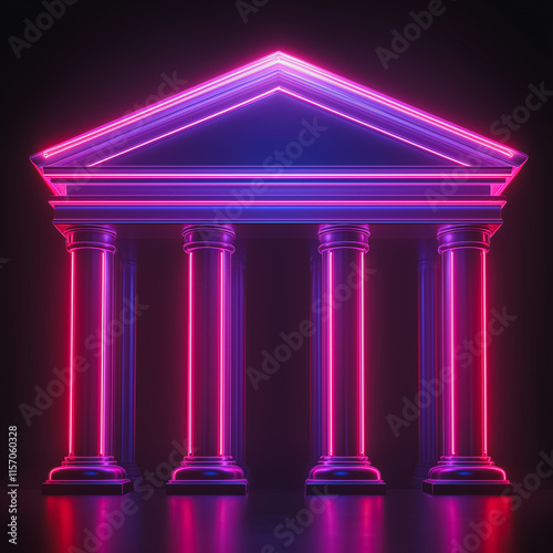 A building with four pillars in neon pink and blue