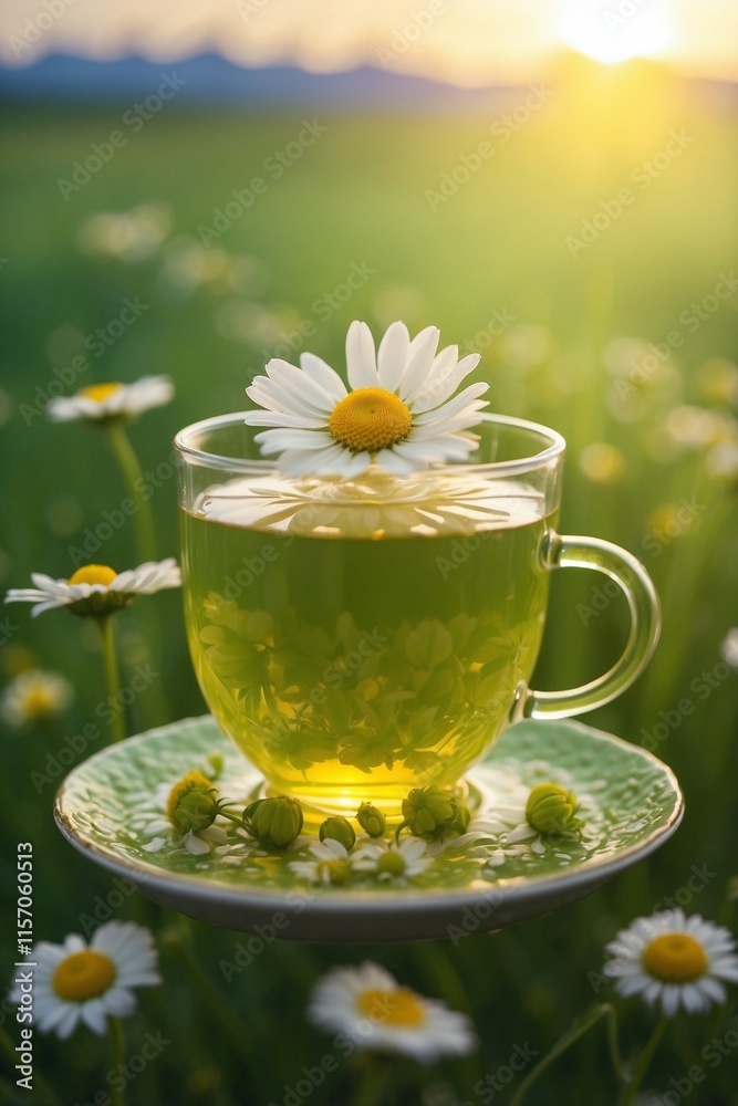 Cup of Chamomile Tea Elegantly Placed on a Saucer Against the Chamomile Field Cup of Chamomile Tea Elegantly Placed on a Saucer Against the Chamomile Field
