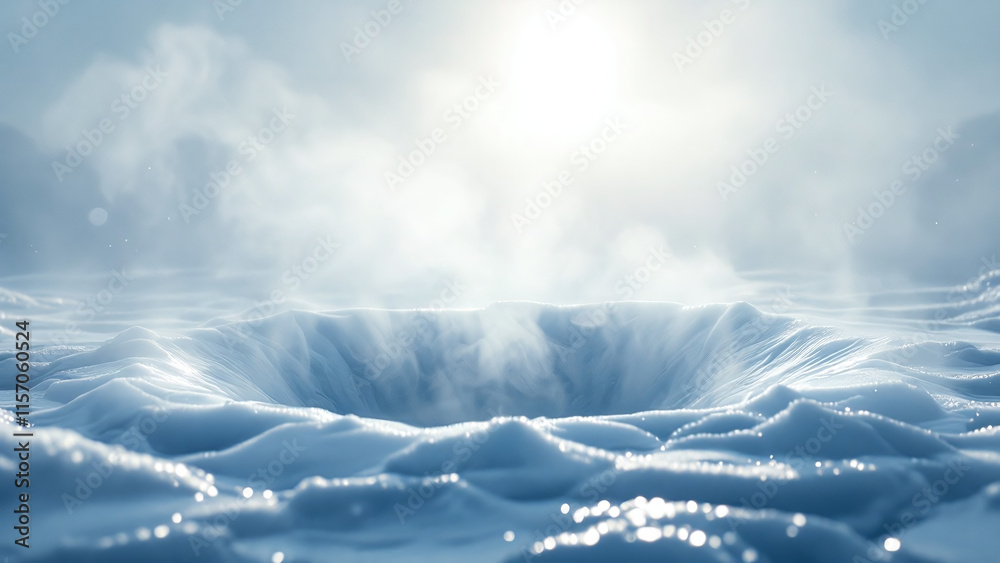 Obraz premium Misty ice hole with sunlight breaking through fog.