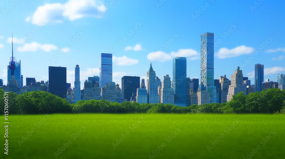 Vibrant city skyline with green landscape foreground. Vibrant city skyline with green landscape foreground.