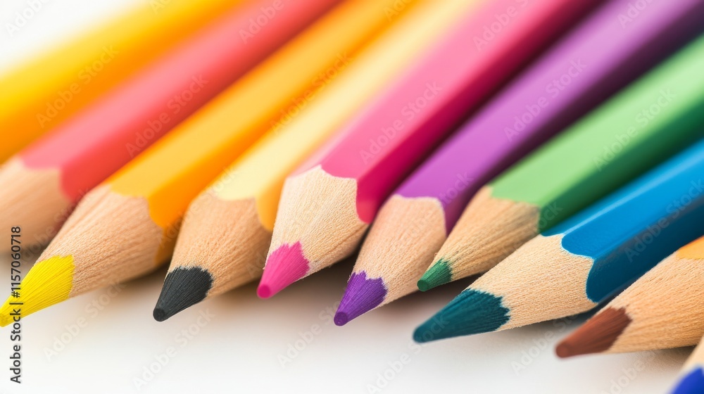Vibrant colored pencils arranged in a row. Vibrant colored pencils arranged in a row.