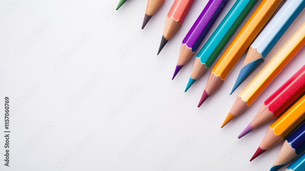 Vibrant colored pencils arranged in a row. Vibrant colored pencils arranged in a row.
