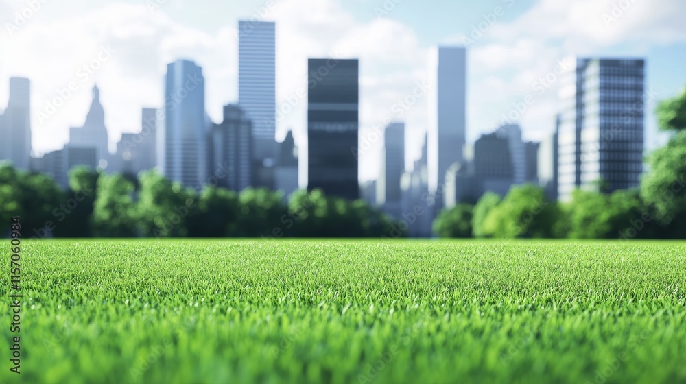 Obraz premium Vibrant green field with city skyline backdrop.