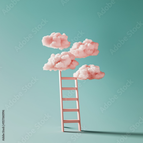 A ladder leading to pink clouds symbolizes growth, future, and development in a minimal green composition. photo