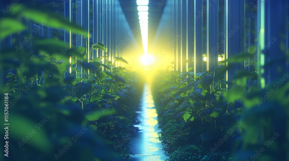 Obraz premium Vibrant greenhouse with glowing light effect.