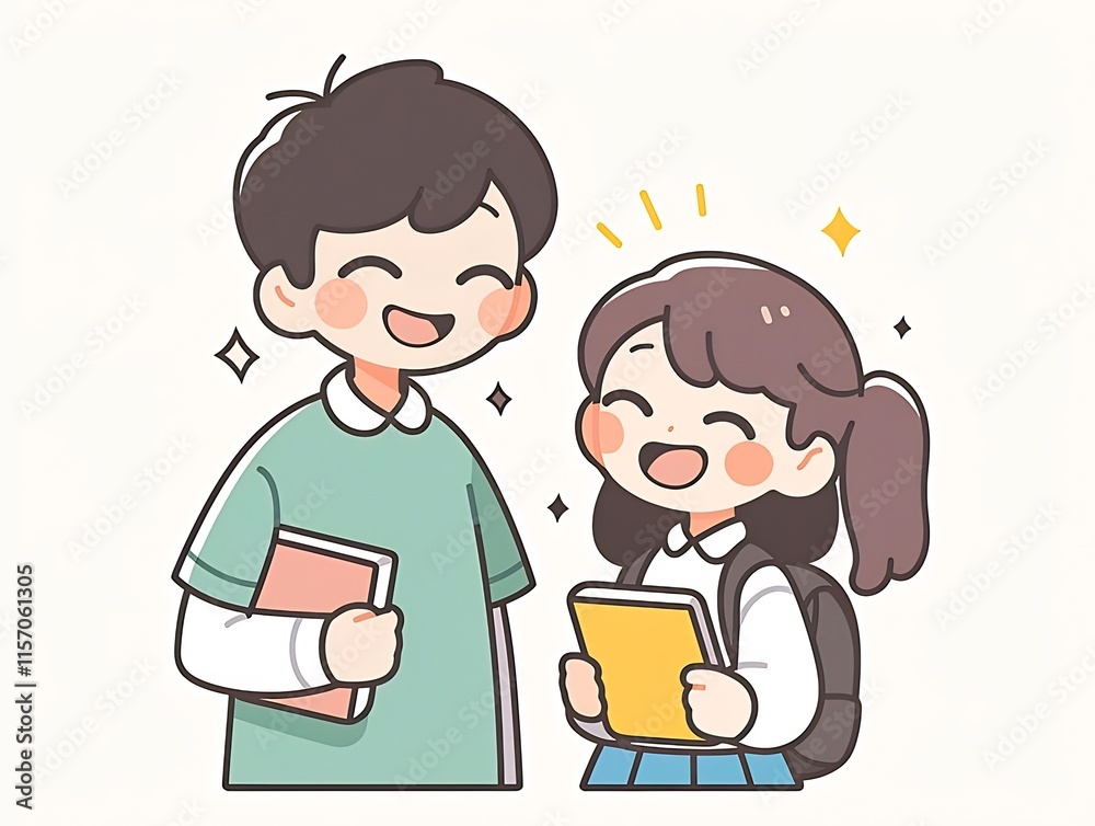 Happy boy and girl students holding books, smiling and looking at each other. Happy boy and girl students holding books, smiling and looking at each other.