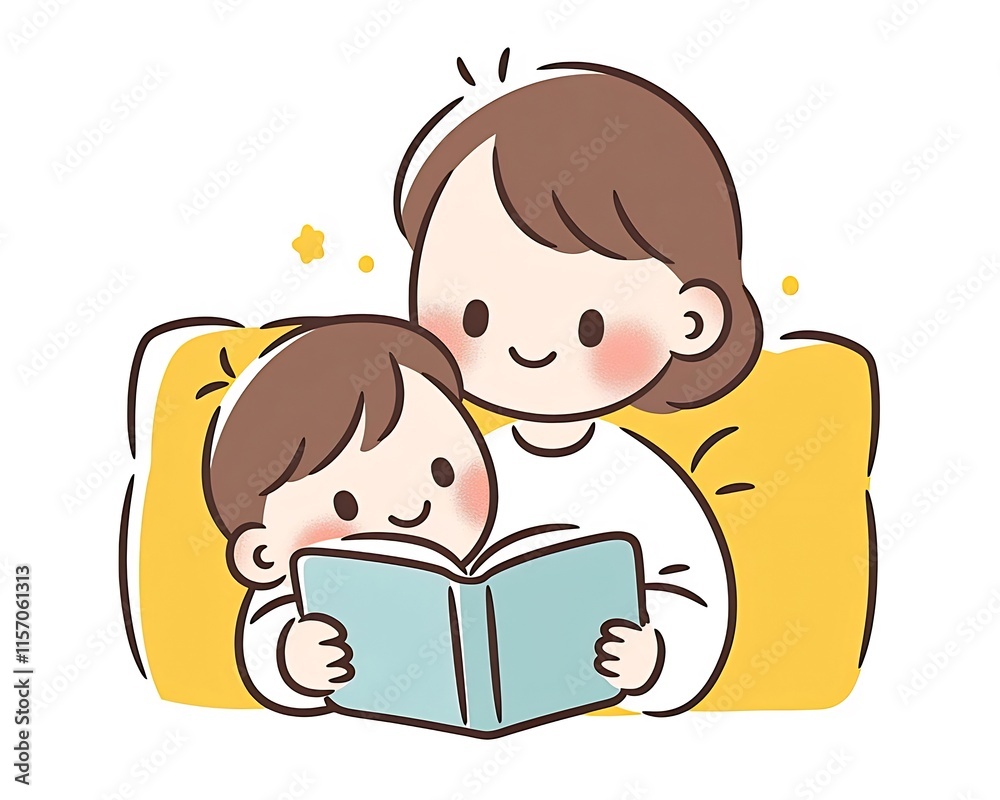 Mother and son cuddling while reading a book together on a yellow couch. Mother and son cuddling while reading a book together on a yellow couch.