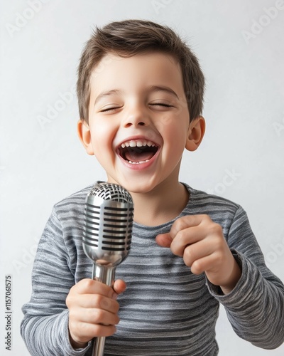 Happy boy singing into a microphone while smiling , empty white background