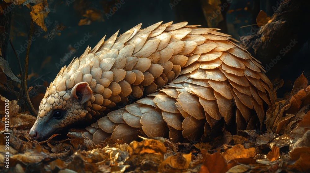 Fototapeta premium Pangolin curled up, protecting itself on forest floor