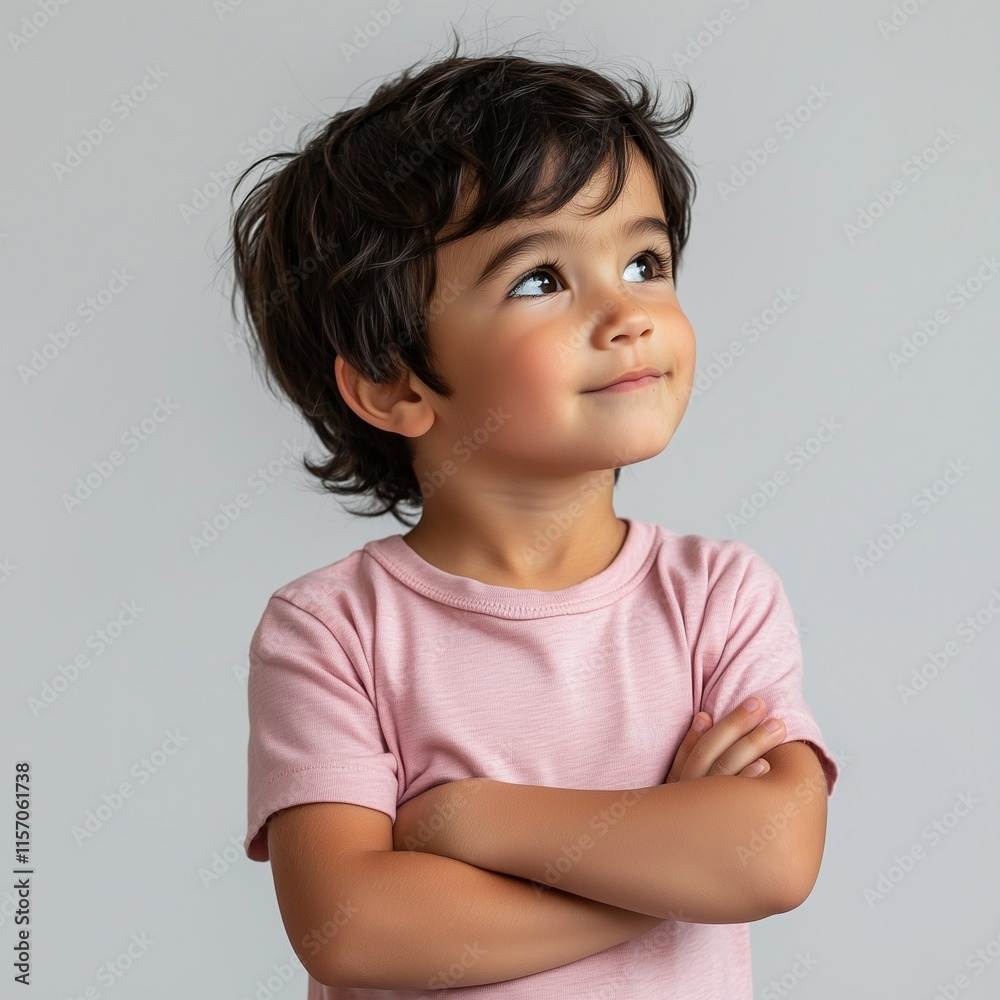 Boy is posed with her arms crossed, standing sideways and looking up against a plain white background.
Boy is posed with her arms crossed, standing sideways and looking up against a plain white background.