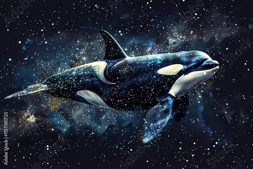 Fantastically beautiful majestic huge whale in deep blue ocean, abstract vivid composition consists of fictional unreal fantastic vision on background photo