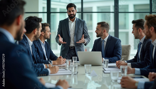 Indian business director leads board meeting in office. Team members listening attentively to presentation. Meeting looks serious, focused on strategy, planning. Image teamwork, business