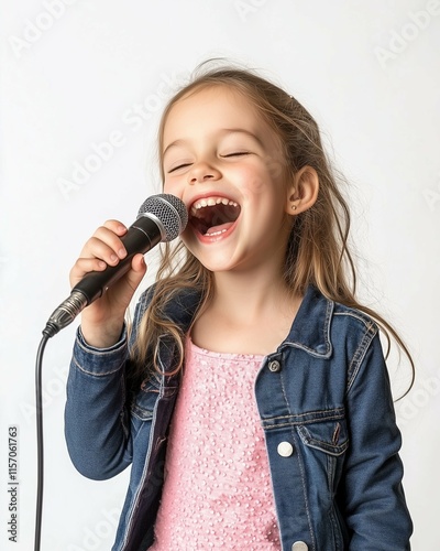 Happy girl singing into a microphone while smiling , empty white background