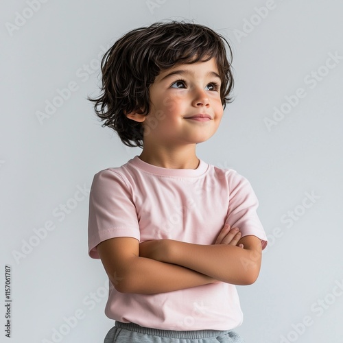 Boy  is posed with her arms crossed, standing sideways and looking up against a plain white background.